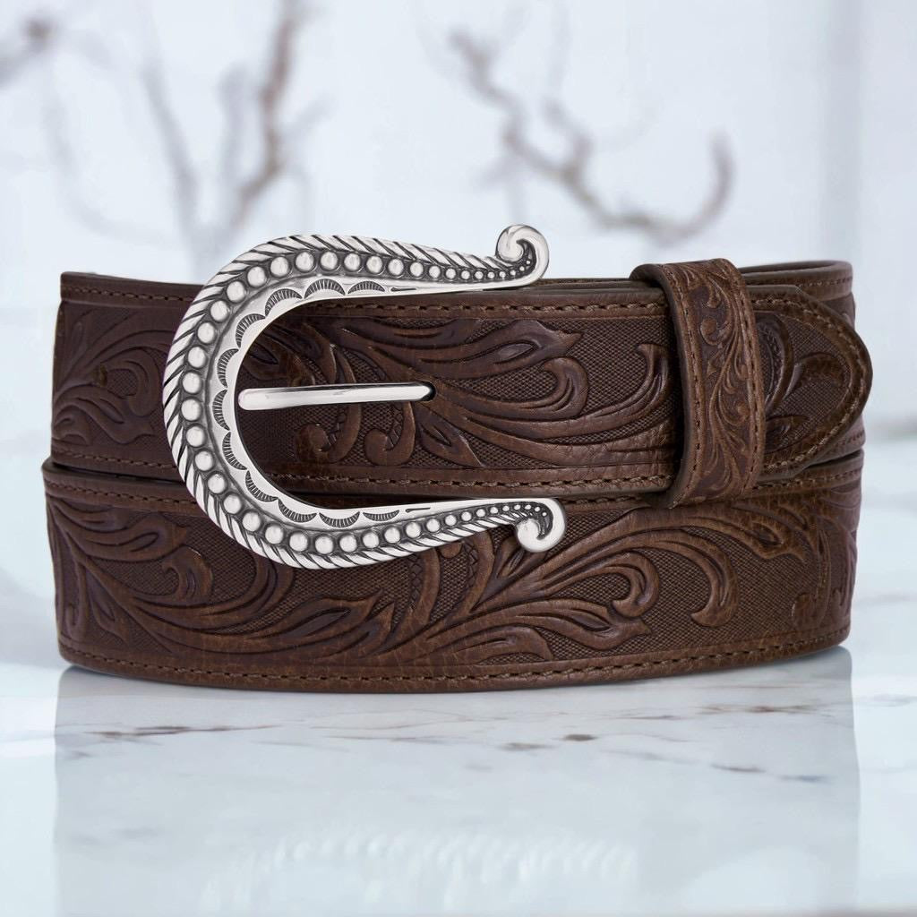 Justin Ladies Distressed Tooled Dark Brown Leather Belt C21555