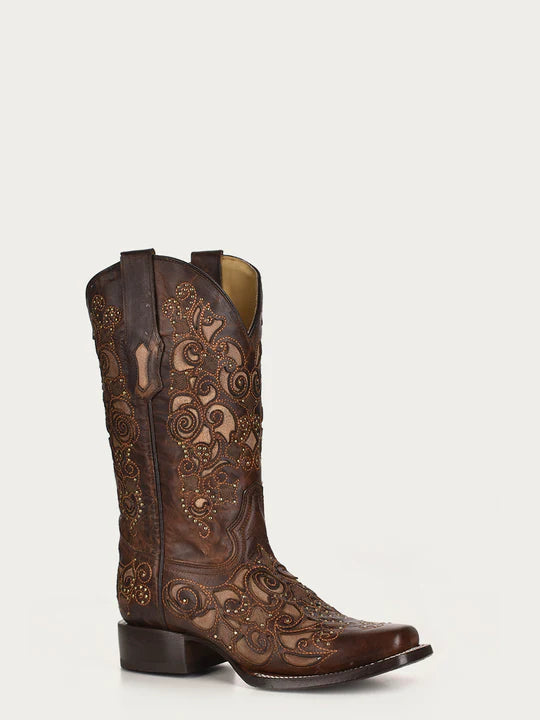 BROWN EMBROIDERY AND STUDS SQUARE TOE Style No. A3326