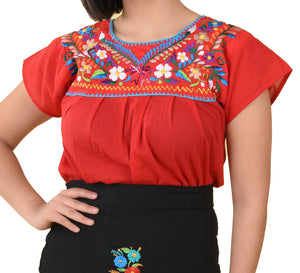 Womens-Traditional-Embroidered-Manta-Shirt-Floral-Neckline-Red