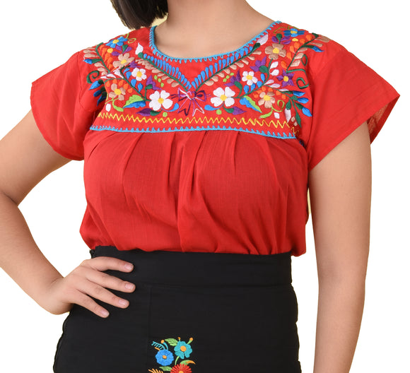 Womens-Traditional-Embroidered-Manta-Shirt-Floral-Neckline-Red