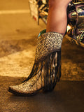 BLACK GORGEOUS GLITTERED EMBROIDERY AND FRINGE BOOT Style No. C3877