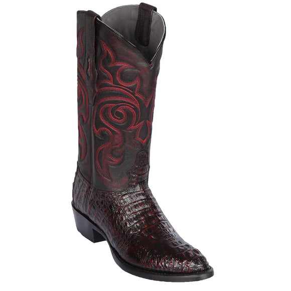 Los Altos Mens Round Toe Caiman Hornback Black Cherry Cowboy Boot 650218