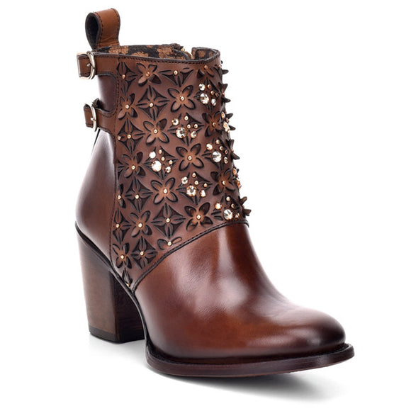 Womens CUADRA Laser Floral Cut Bovine Leather Ankle Bootie Honey