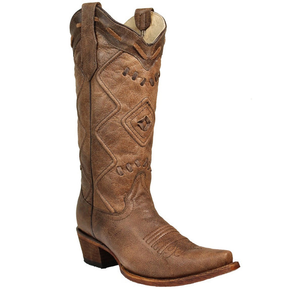Women's Corral Circle G Embroidered Woven Snip Toe Western Boots Brown