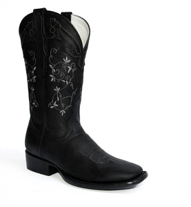 El General Women's The Red Rose of Texas Collection Black Rodeo Toe Western Boots