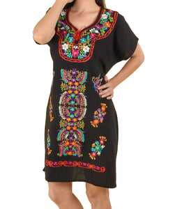 Womens-Traditional-Embroidered-Manta-Dress-Floral-Aztec-Black