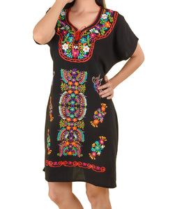 Womens Traditional Embroidered Manta Dress Floral Aztec Black Womens Traditional Embroidered Manta Dress Floral Aztec Black