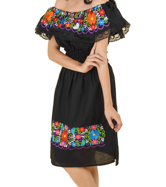 Womens-Traditional-Embroidered-Manta-Off-Shoulder-Dress-Floral-Black