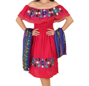 Womens-Traditional-Embroidered-Manta-Off-Shoulder-Dress-Floral-Red