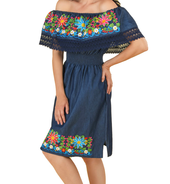 Womens-Traditional-Embroidered-Manta-Off-Shoulder-Dress-Floral-Navy