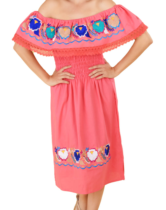 Womens Traditional Embroidered Manta Off Shoulder Dress Floral Loop Peach Womens Traditional Embroidered Manta Off Shoulder Dress Floral Loop Peach