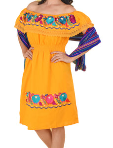 Womens-Traditional-Embroidered-Manta-Off-Shoulder-Dress-Floral-Loop-Orange