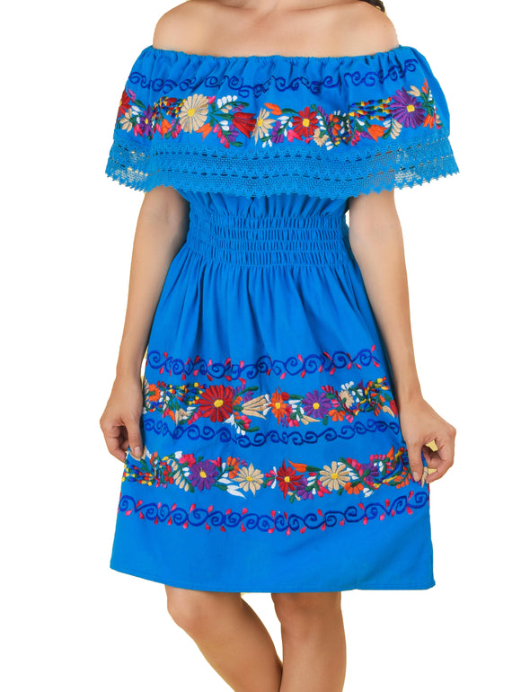 Womens Traditional Embroidered Manta Off Shoulder Dress Floral Royal Blue Womens Traditional Embroidered Manta Off Shoulder Dress Floral Royal Blue