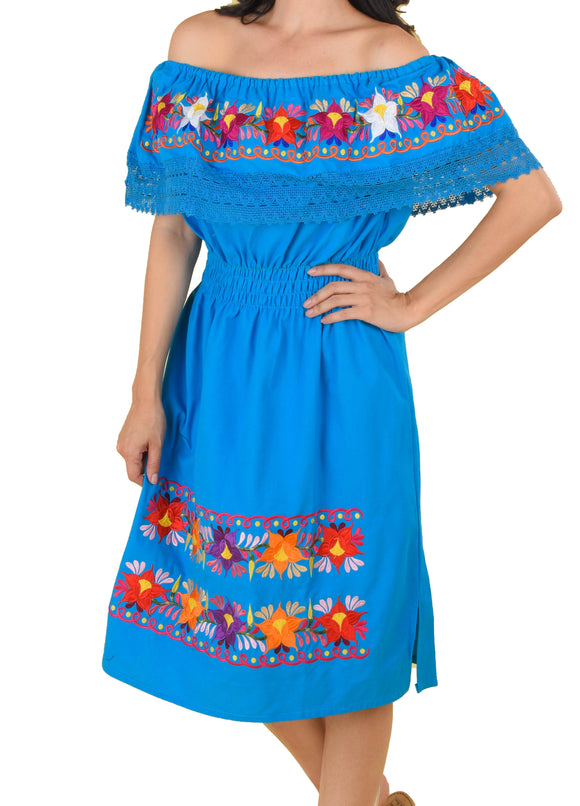 Womens-Traditional-Embroidered-Manta-Off-Shoulder-Dress-Floral-Loop-Blue