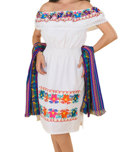 Womens-Traditional-Embroidered-Manta-Off-Shoulder-Dress-Floral-Loop-White