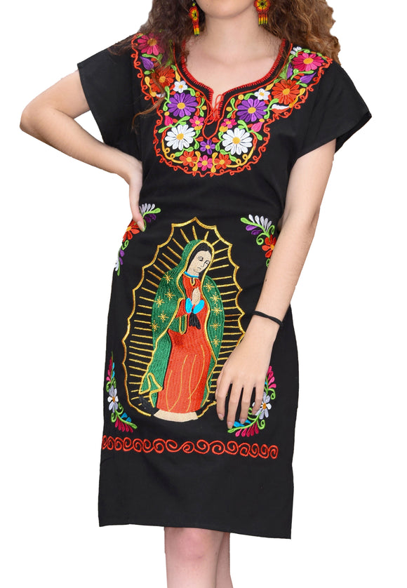 Womens Traditional Embroidered Manta Dress Our Lady of Guadalupe Black Womens Traditional Embroidered Manta Dress Our Lady of Guadalupe Black