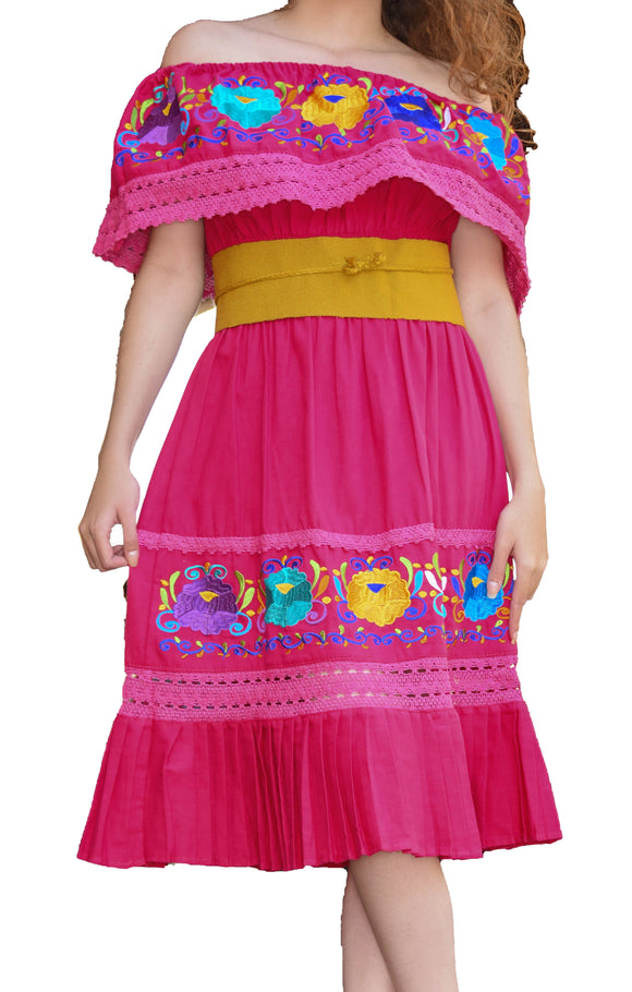 Womens-Traditional-Embroidered-Manta-Off-Shoulder-Pleated-Bottom-Dress-Floral-Pink