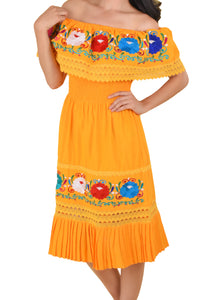 Womens-Traditional-Embroidered-Manta-Off-Shoulder-Pleated-Bottom-Dress-Floral-Orange