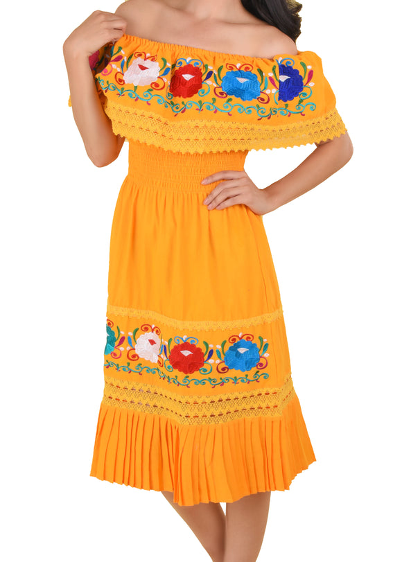 Womens Traditional Embroidered Manta Off Shoulder Pleated Bottom Dress Floral Orange Womens Traditional Embroidered Manta Off Shoulder Pleated Bottom Dress Floral Orange