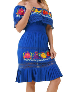 Womens-Traditional-Embroidered-Manta-Off-Shoulder-Pleated-Bottom-Dress-Floral-Blue