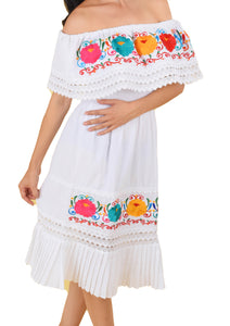 Womens-Traditional-Embroidered-Manta-Off-Shoulder-Pleated-Bottom-Dress-Floral-White