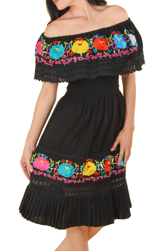 Womens-Traditional-Embroidered-Manta-Off-Shoulder-Pleated-Bottom-Dress-Floral-Black