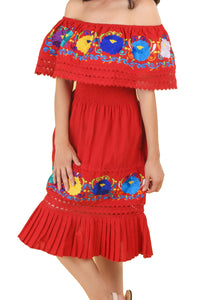 Womens-Traditional-Embroidered-Manta-Off-Shoulder-Pleated-Bottom-Dress-Floral-Red