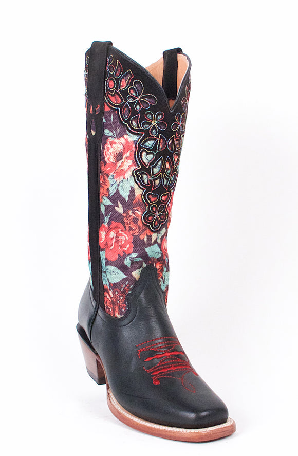 Quincy-Boots-Womens-Grasso-and-Crazy-Leather-Floral-Print-Black-Rodeo-Toe-Western-Boot