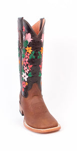 Quincy-Boots-Womens-Crazy-Leather-Floral-Brown-Ranch-Toe-Western-Boot