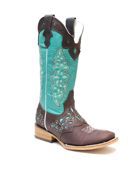 Quincy-Boots-Womens-Crazy-Leather-Choco/Turquoise-Ranch-Toe-Western-Boot