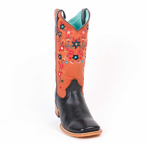 Quincy-Boots-Womens-Floater-Leather-Floral-Black/Red-Ranch-Toe-Western-Boot
