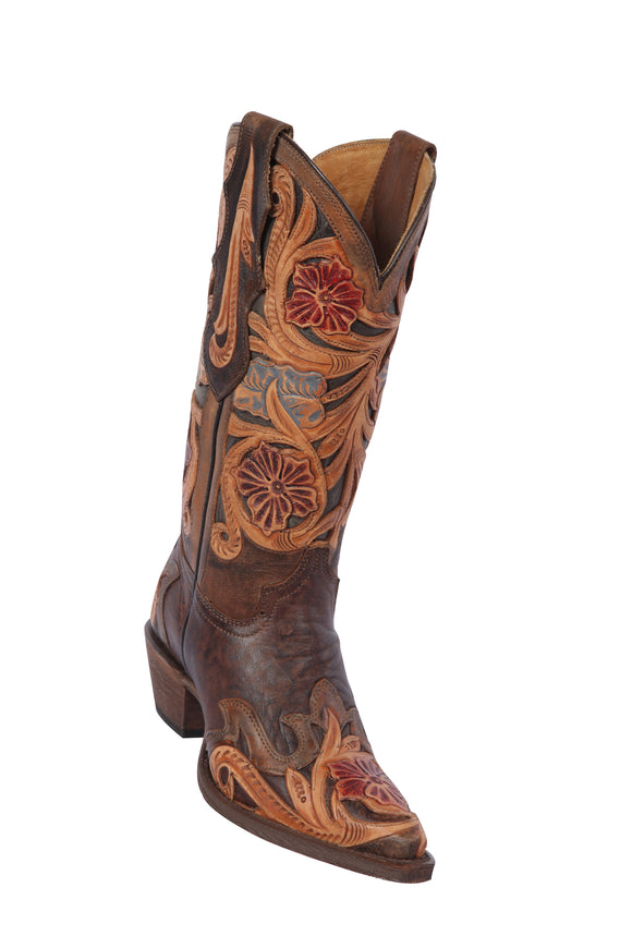 Quincy-Boots-Womens-Hand-Tooled-Leather-Chocolate-Snip-Toe-Western-Boot